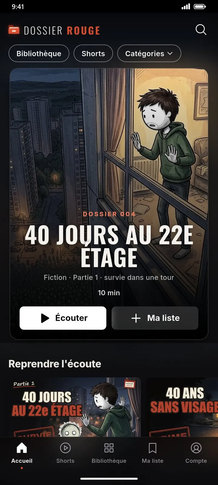 Accueil de l'application : l'histoire à la une et les rangées d'histoires