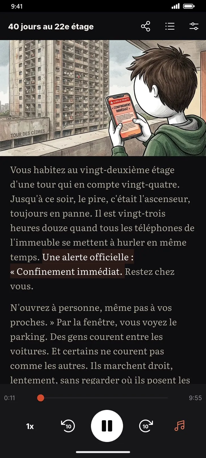 Le lecteur : image animée, texte surligné en même temps que la voix