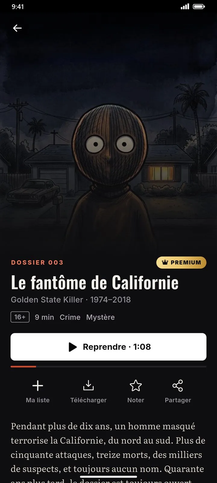 Fiche d'une histoire : résumé, parties, reprise de l'écoute